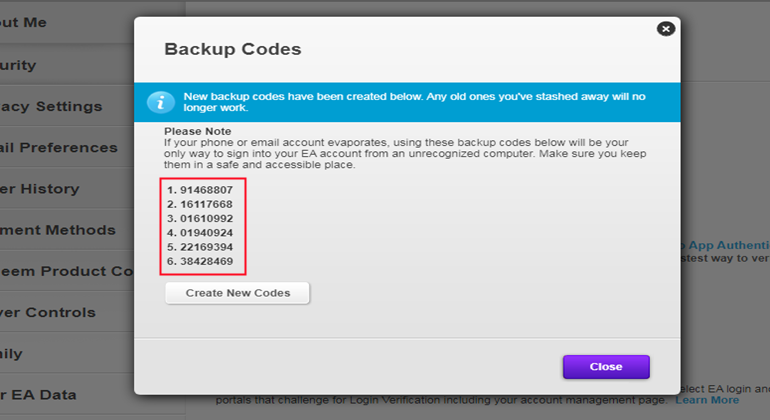 Store Backup Codes